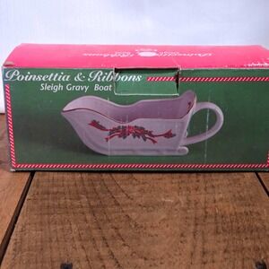 Tienshan Poinsettia & Ribbons Sleigh Gravy Boat Fine China Christmas Holiday